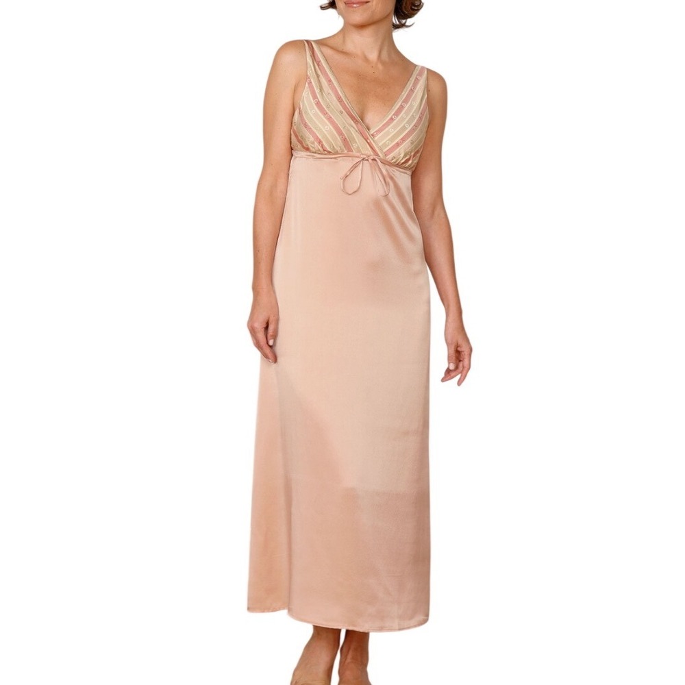 Schweitzer Linen Silk Nightgown Size Medium Peach Striped Floral Maxi Excellent